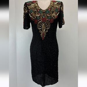 Vintage Scala Black Midi Dress with Gold, Red & Green Embellishment Small,medium